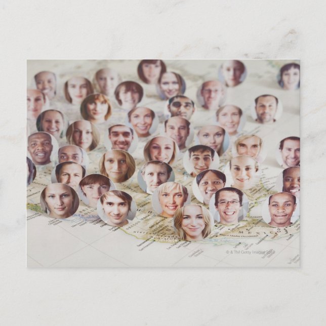 Faces over a map of America Postcard (Front)