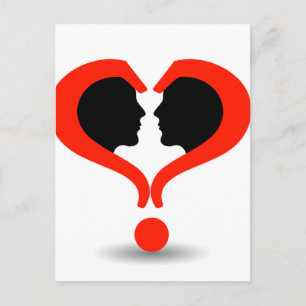 Faces with question marks shaped like heart postcard