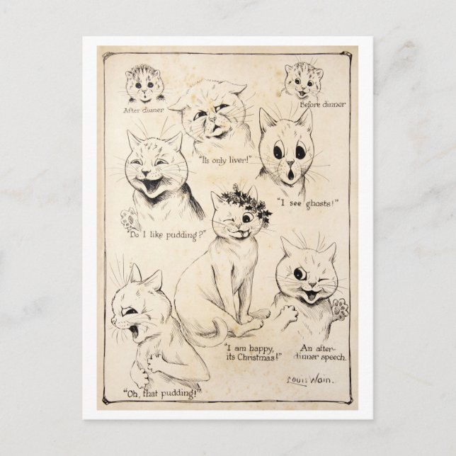 Facial Expressions of Various Cats, Louis Wain Postcard (Front)