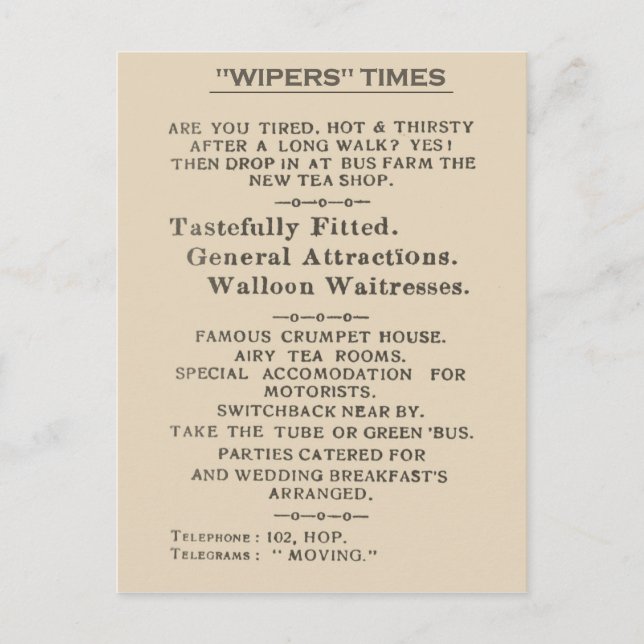 Facsimile Extract from the Wipers Times 1916 Postcard (Front)