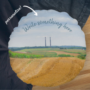 Factory chimneys with yellow field   round cushion