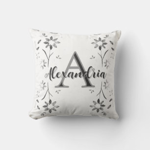 Faded Black and White Floral Personalized Monogram Cushion