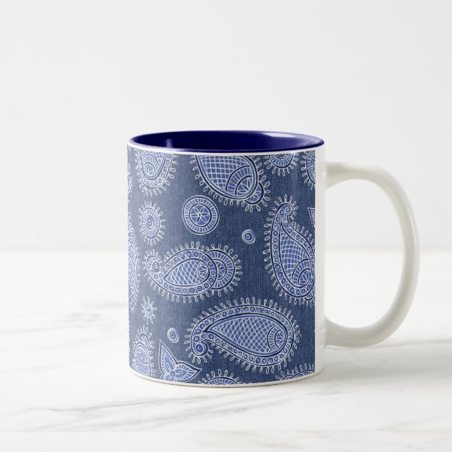 Faded Blue Denim Paisley Pattern Boho Two-Tone Coffee Mug (Right)