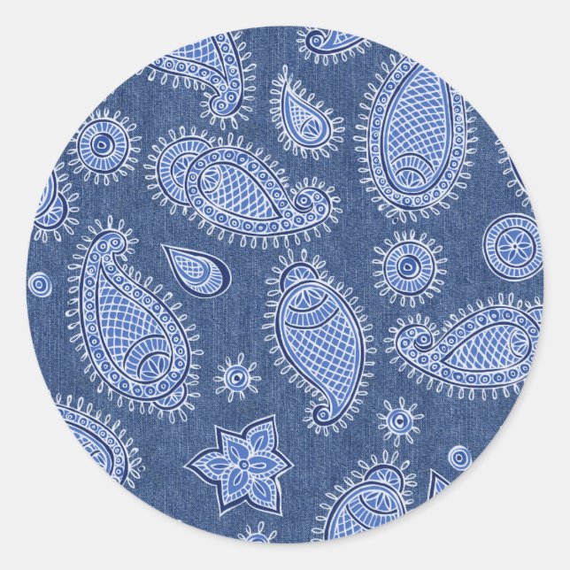 Faded Blue Denim Paisley Pattern Classic Round Sticker (Front)