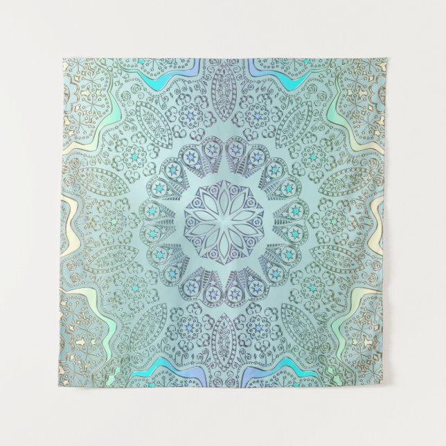 Faded Blue Grey Mandala Wall Tapestry (Front)
