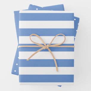 Faded Blue Polka Dot Wide Striped and Solid Wrapping Paper Sheet