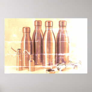 Faded Brown Steel Water Bottles on a Retro Wall Poster