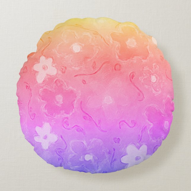 Faded Colourful Flowers  Round Cushion (Front)