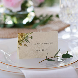 Faded Damask Wallpaper and Gold Rose Shabby Chic  Place Card