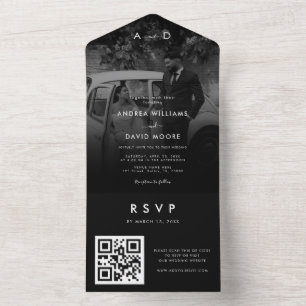 Faded Dark Photo Modern Minimalist QR Code Wedding All In One Invitation