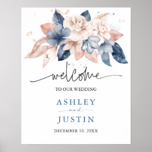 Faded denim & blush stylish floral Wedding Sign