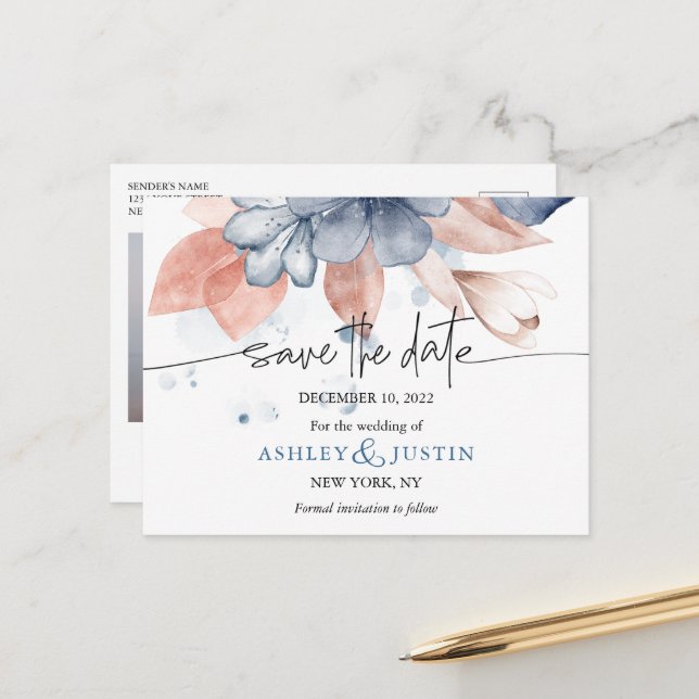 Faded denim &amp; blush stylish Save the Date Postcard (Front/Back In Situ)