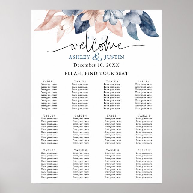 Faded denim & blush stylish Seating Chart (Front)