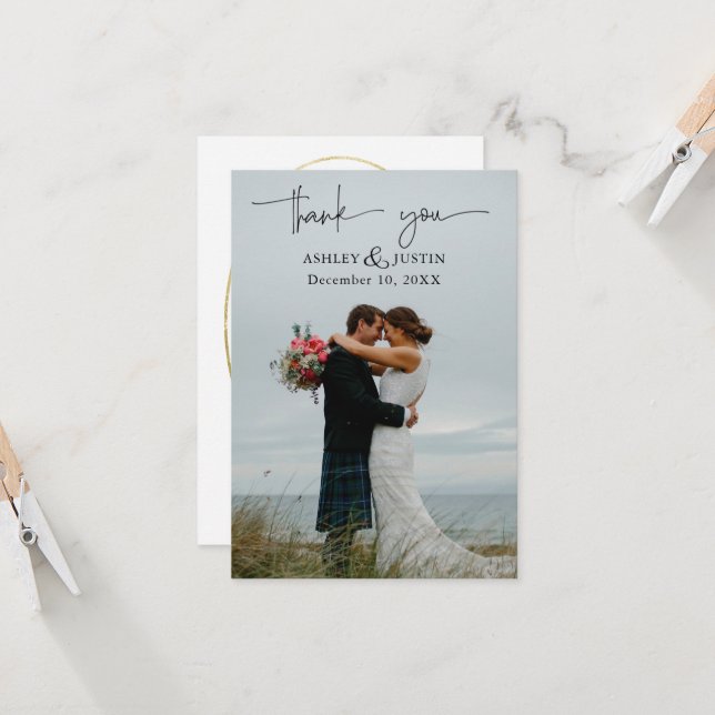 Faded denim & blush stylish Thank You Card (Front/Back In Situ)