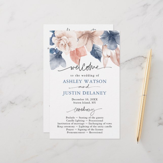 Faded denim & blush stylish Wedding Programme (Front/Back In Situ)