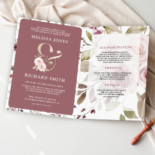 Faded Dusty Rose Floral Ampersand QR Code Wedding Invitation