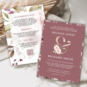 Faded Dusty Rose Floral Ampersand QR Code Wedding Invitation
