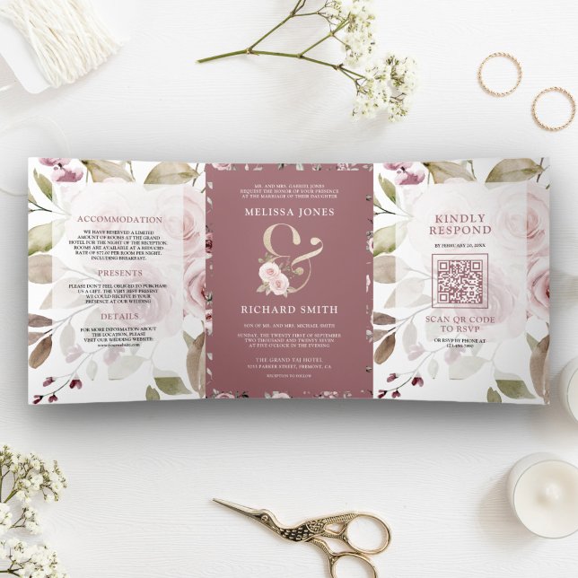 Faded Dusty Rose Floral Ampersand QR Code Wedding Tri-Fold Invitation (Creator Uploaded)