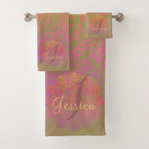Faded Earth-toned Monogram Mandala Bath Towel Set