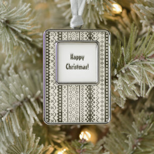 Faded Fair Isle Knit Watercolor Cabincore black Silver Plated Framed Ornament