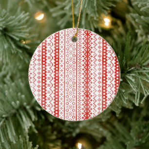 Faded Fair Isle Knit Watercolor Cabincore red Ceramic Ornament