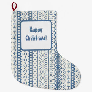 Faded Fair Isle Watercolor Cabincore blue cream Large Christmas Stocking