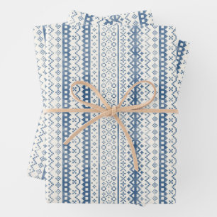 Faded Fair Isle Watercolor Cabincore blue cream Wrapping Paper Sheet