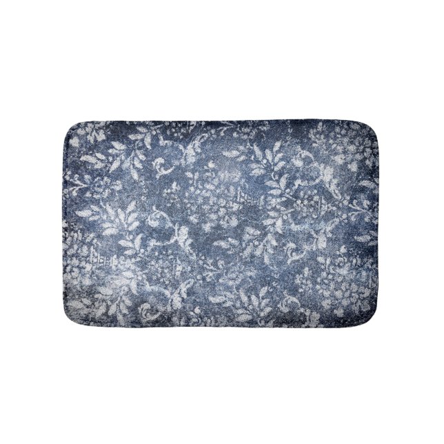 Faded Floral Denim: Grungy Textured Background Bath Mat (Front)