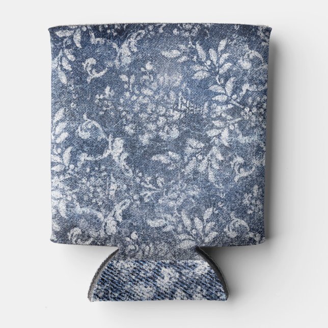 Faded Floral Denim: Grungy Textured Background Can Cooler (Front)