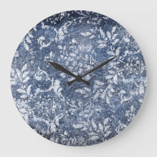 Faded Floral Denim: Grungy Textured Background Large Clock