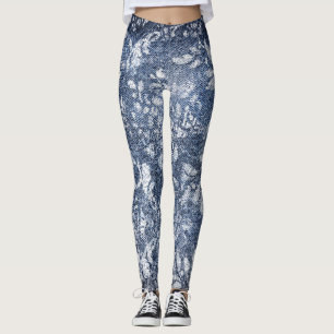 Faded Floral Denim: Grungy Textured Background Leggings