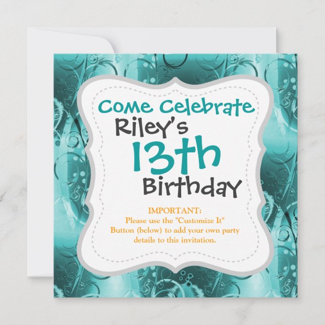 Faded Floral Swirl Teal Turquoise Blue Gifts for H Invitation (Front)