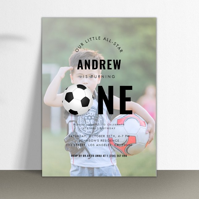 Faded Kid's Sports Photo Soccer 1st Birthday Party Invitation (Creator Uploaded)