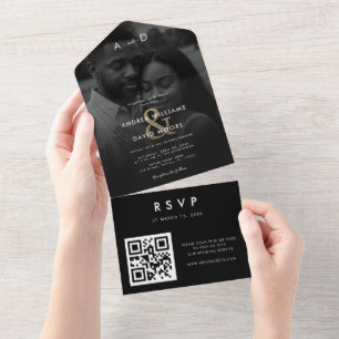 Faded Overlay Photo Gold Ampersand QR Code Wedding All In One Invitation