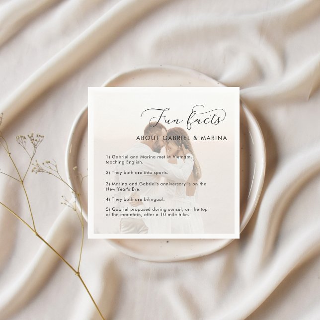 Faded Photo Script Fun Facts Newlyweds Wedding Napkin (Creator Uploaded)