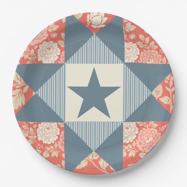 Faded Red Blue Star Quilt Block Floral Paper Plate (Front)