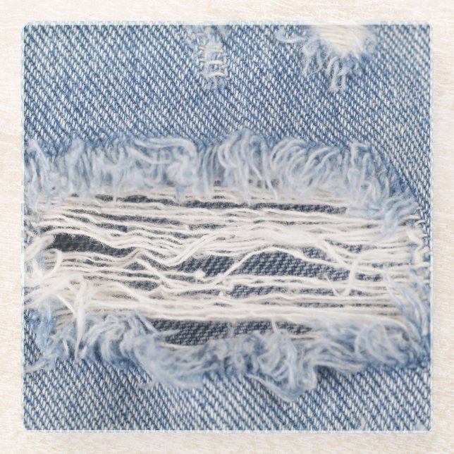 Faded Ripped Jeans Texture Glass Coaster (Front)