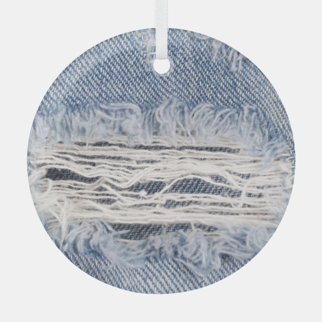 Faded Ripped Jeans Texture Glass Tree Decoration (Front)