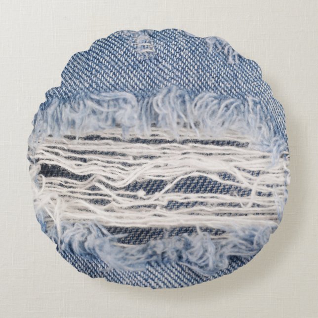 Faded Ripped Jeans Texture Round Cushion (Front)