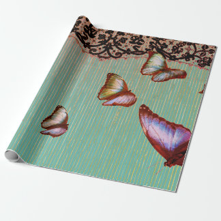 FADED STRIPES IN GREEN LACE AND BUTTERFLIES WRAPPING PAPER