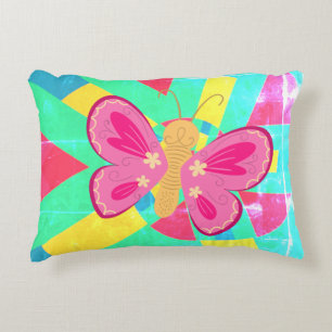 Faded Teal pattern with pink butterfly Decorative Cushion