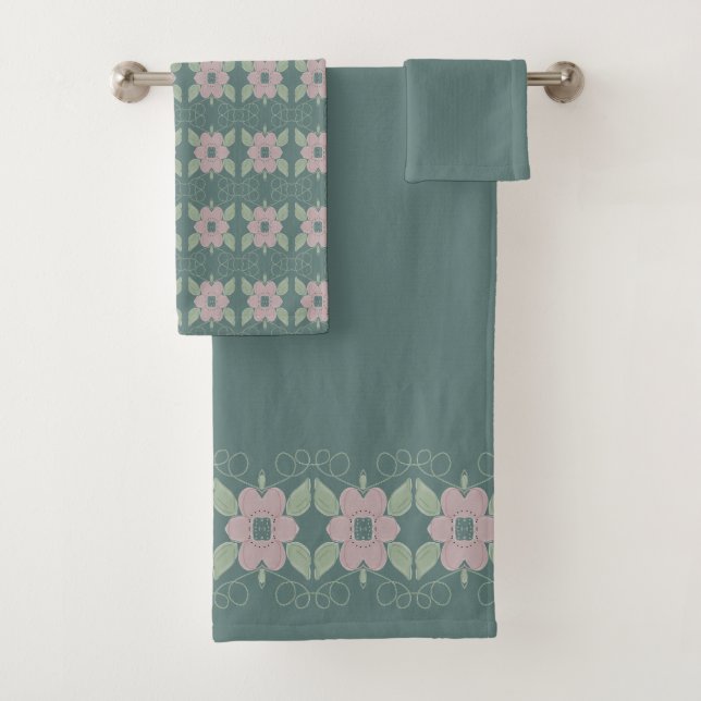 Faded Teal Rose Bath Towel Set (Insitu)