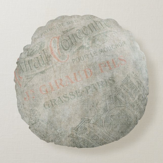 Faded Vintage Paper Parisian Advertisement Collage Round Cushion (Front)