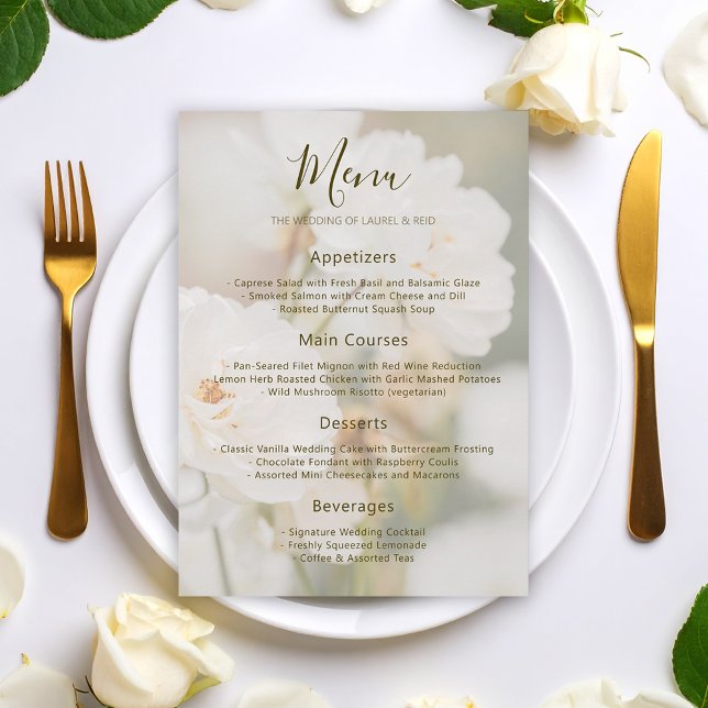 Faded White Rose Floral Photo Romantic Wedding Menu (Please note: This image is a digital mockup. The product may not be in scale.)