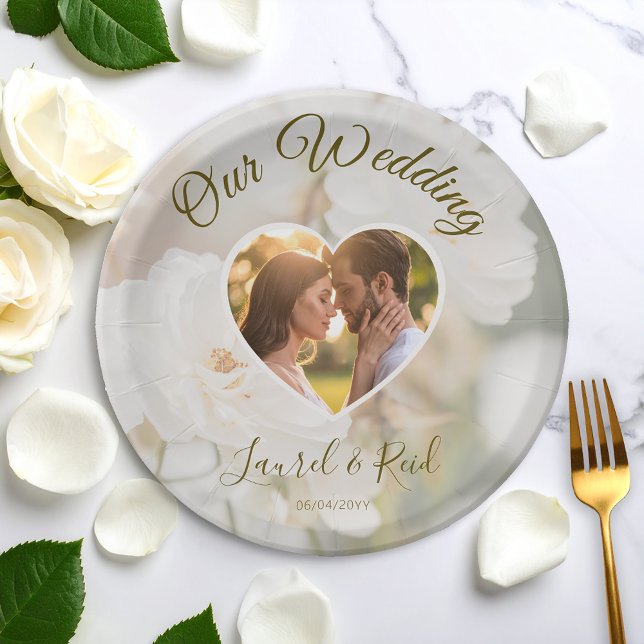 Faded White Roses Heart Photo Template Wedding Paper Plate (Creator Uploaded)
