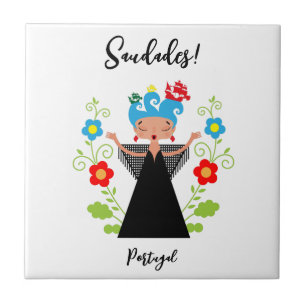 Fado woman singer with Portuguese caravel ships Ceramic Tile