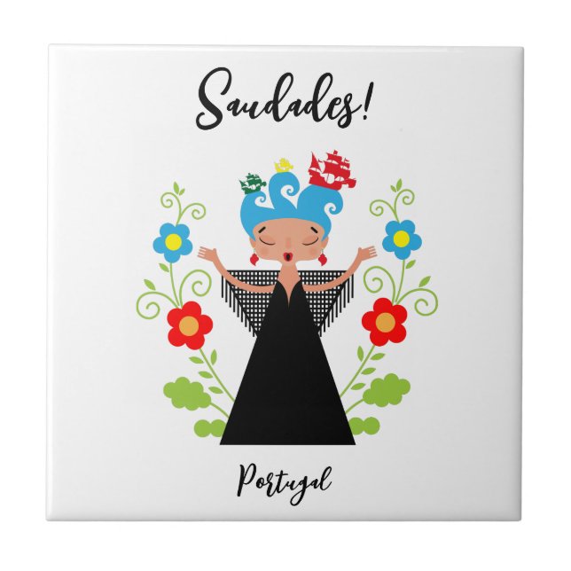 Fado woman singer with Portuguese caravel ships  Ceramic Tile (Front)