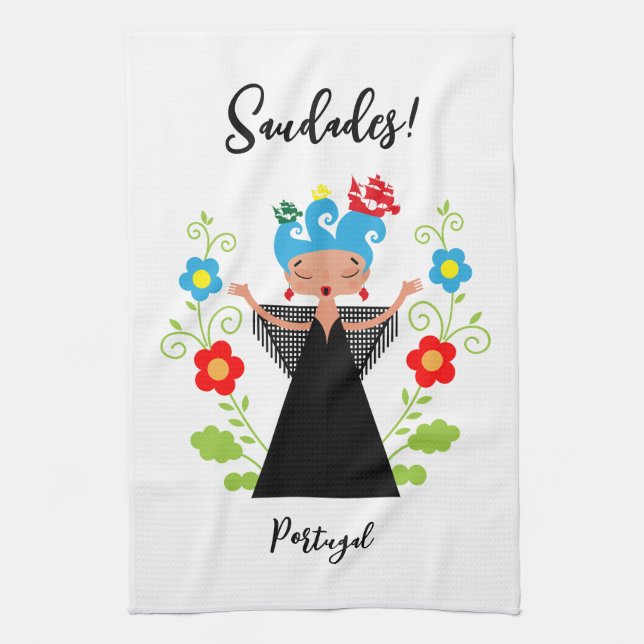 Fado woman singer with Portuguese caravel ships Tea Towel (Vertical)