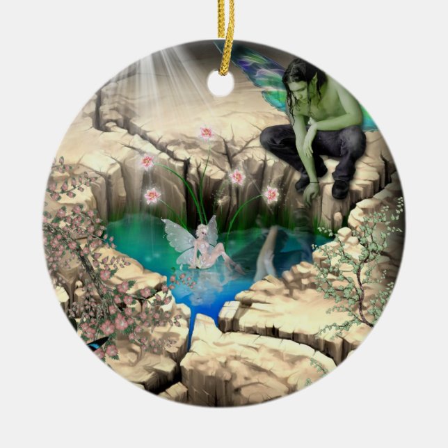 Faerie in Elven Pond Ceramic Ornament (Front)