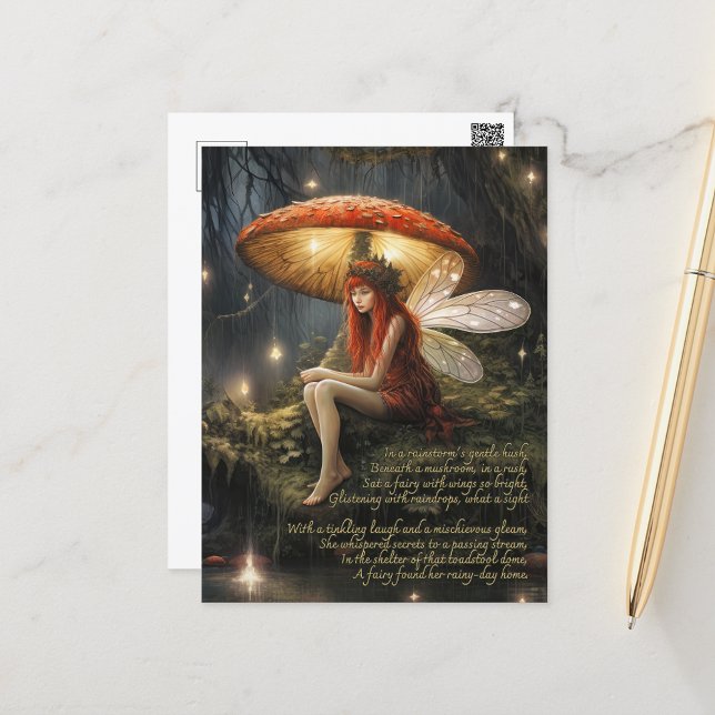 Faerie Under Mushroom In The Rain Postcard (Fantasy postcard with a cute poem about a faerie waiting out the rain under a mushroom.)